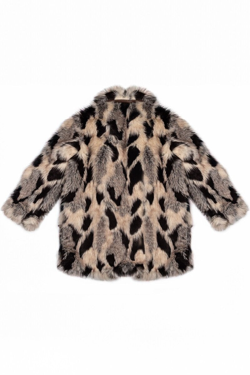 Abstract Print Longline Faux Fur Jacket