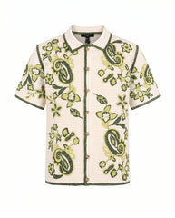 Botanical Crochet Short Sleeve Button Down Shirt