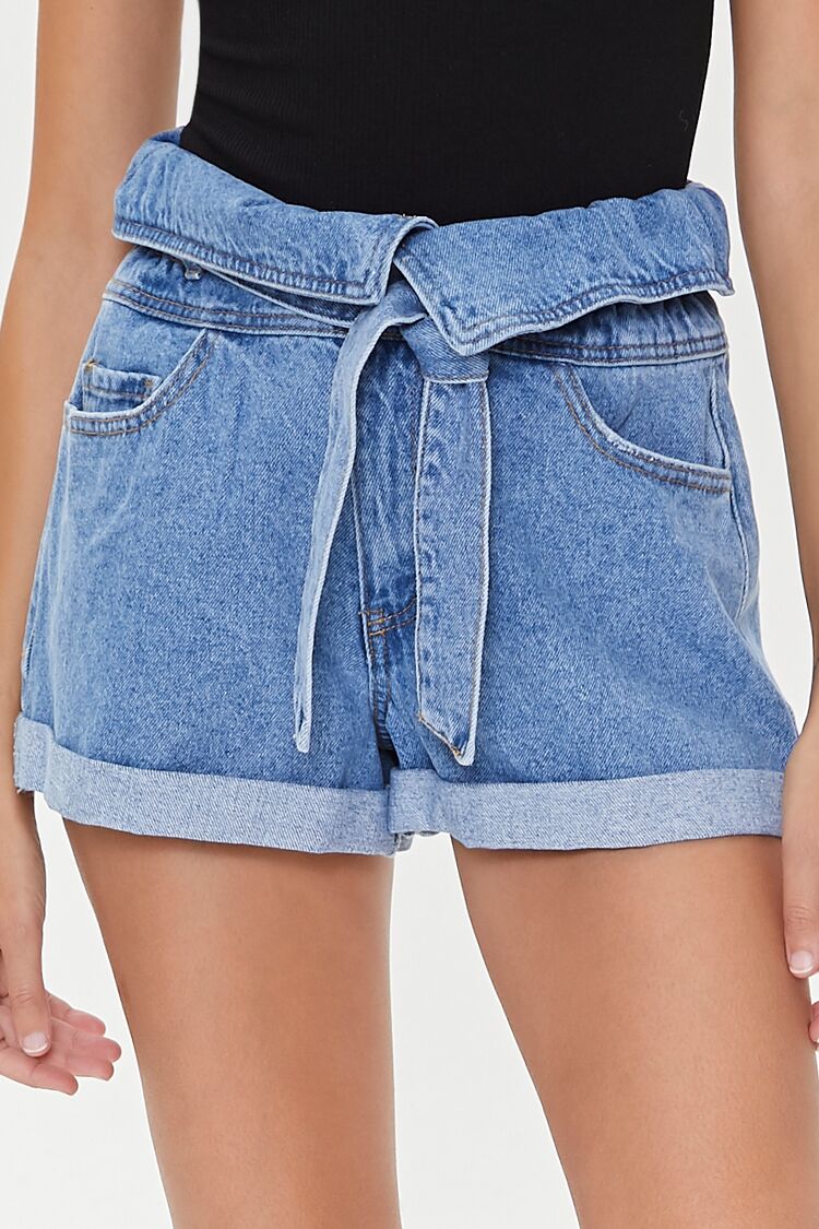 Belted Foldover Denim Shorts