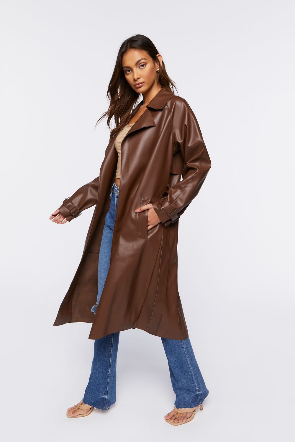 Belted Faux Leather Duster Jacket