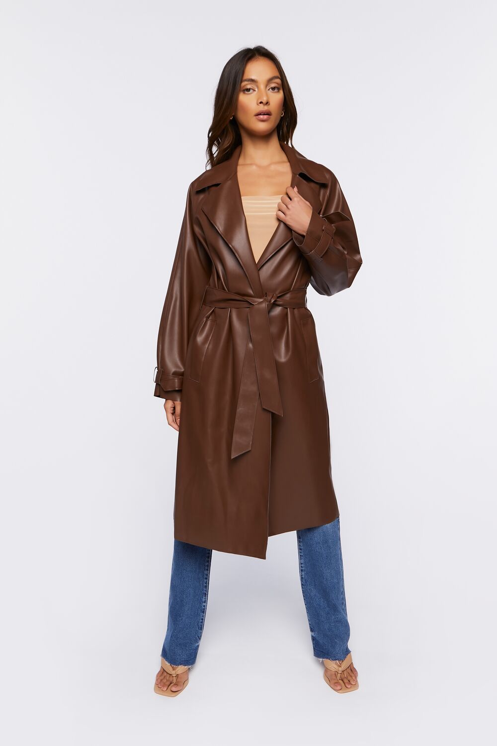 Belted Faux Leather Duster Jacket