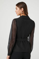 Belted Sheer Long-Sleeve Blazer